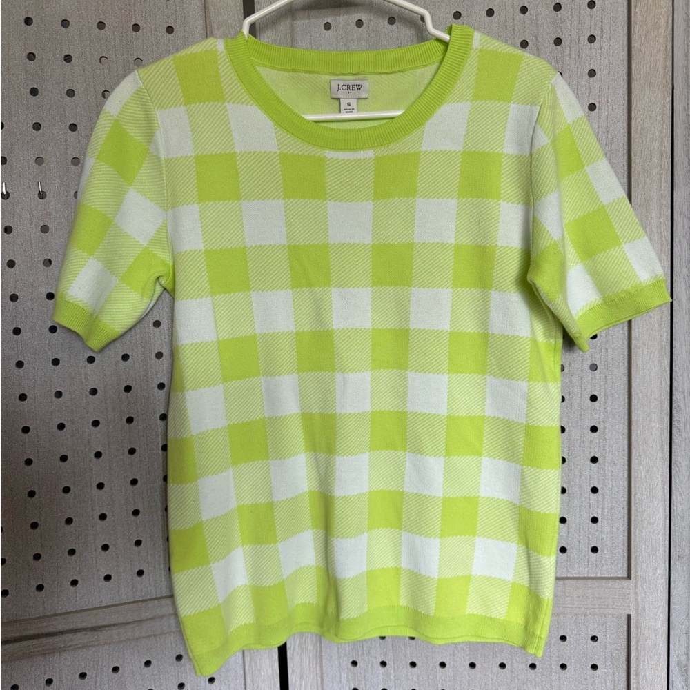 J. Crew Neon Green and White Checkered Sweater